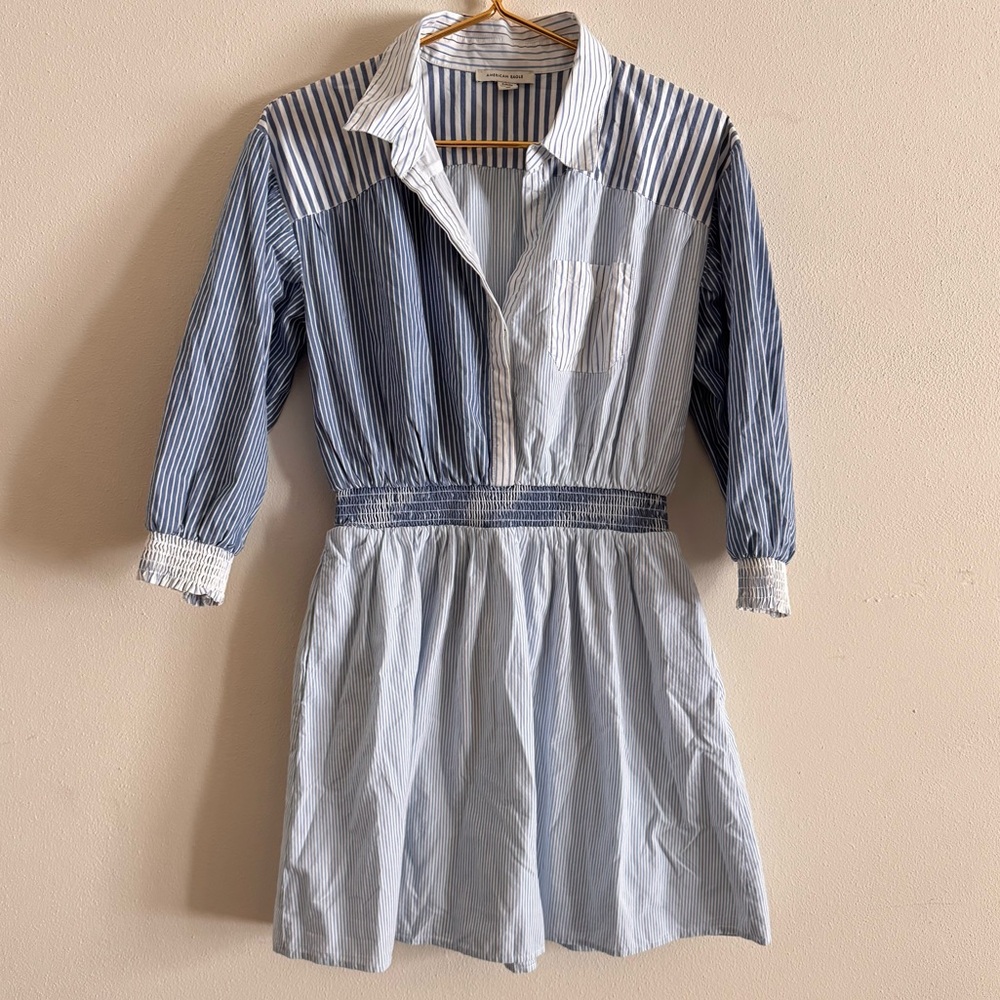American Eagle // Blue, White Mixed Stripe Long Sleeves Shirt Dress Sz Small A26